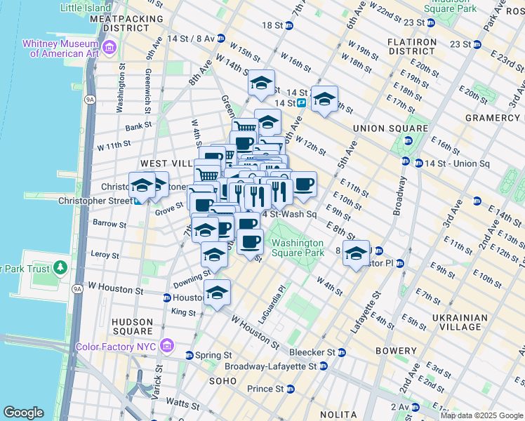 map of restaurants, bars, coffee shops, grocery stores, and more near 340 6th Avenue in New York