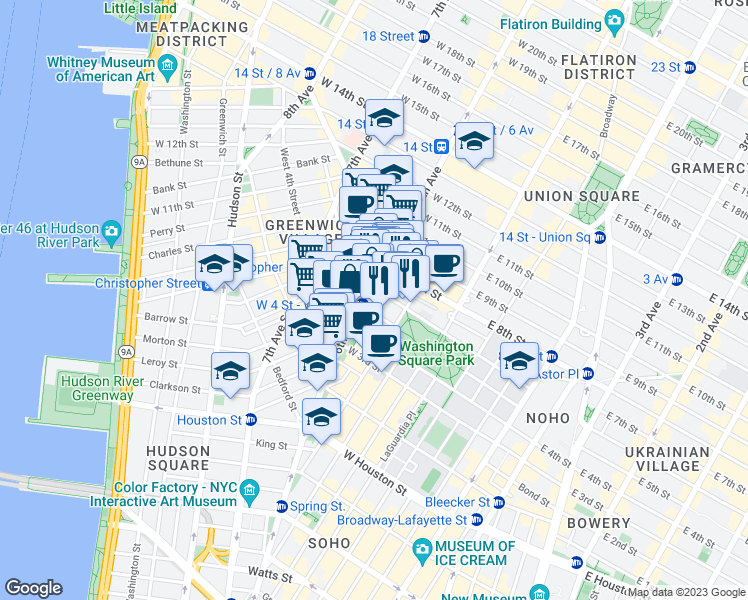map of restaurants, bars, coffee shops, grocery stores, and more near 118 Waverly Place in New York