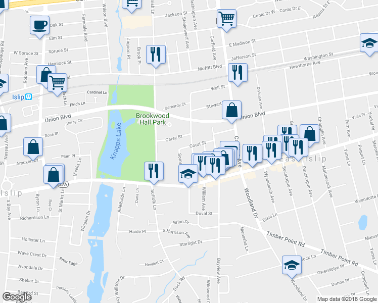 map of restaurants, bars, coffee shops, grocery stores, and more near 24 3rd Avenue in East Islip