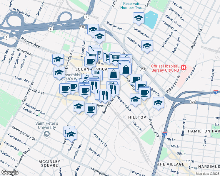 map of restaurants, bars, coffee shops, grocery stores, and more near 615 Pavonia Avenue in Jersey City