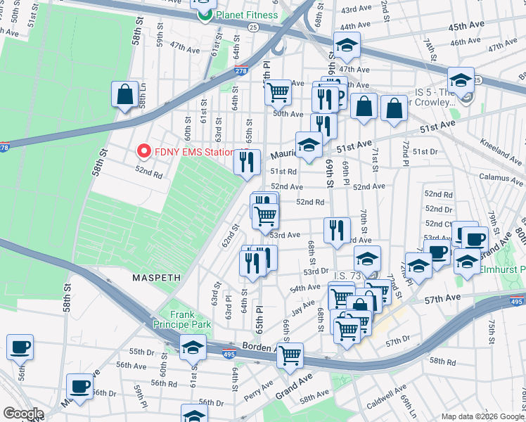 map of restaurants, bars, coffee shops, grocery stores, and more near 52-30 65th Place in Queens