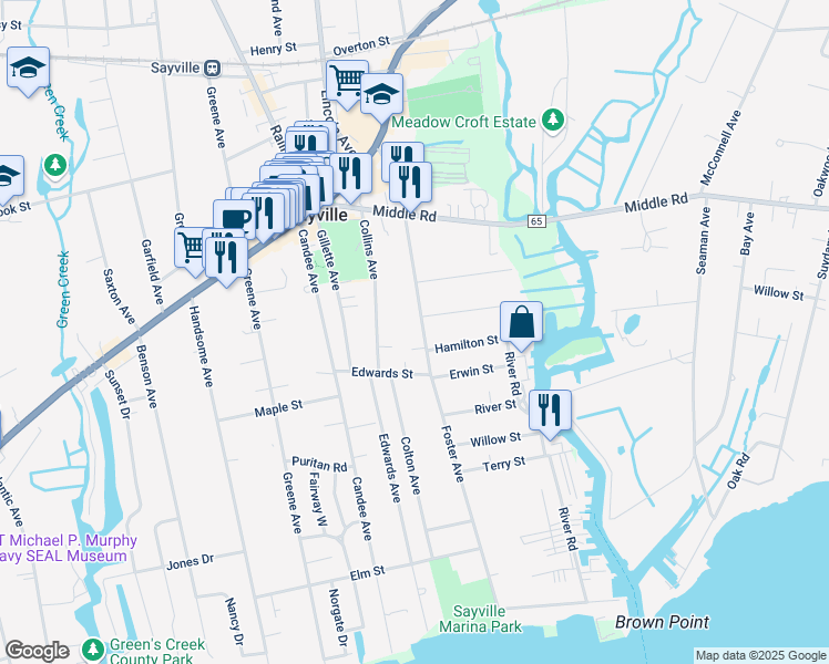 map of restaurants, bars, coffee shops, grocery stores, and more near 160 Foster Avenue in Sayville