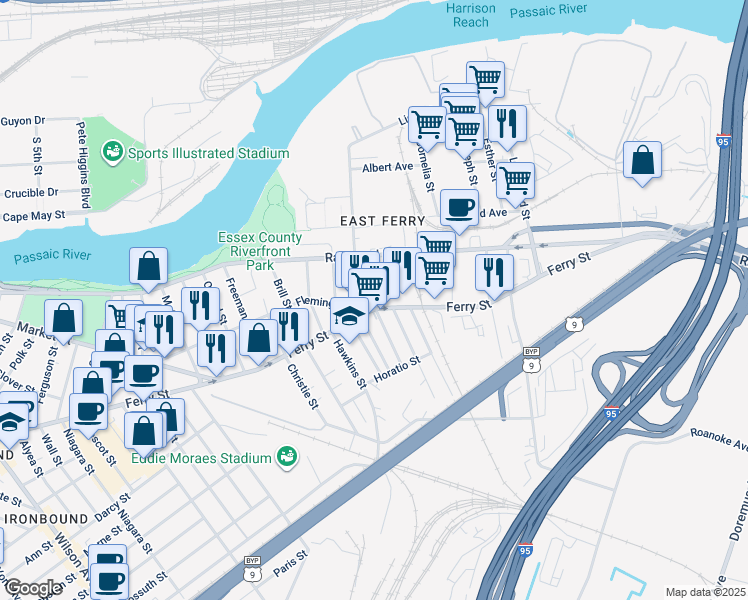 map of restaurants, bars, coffee shops, grocery stores, and more near 176 Fleming Avenue in Newark