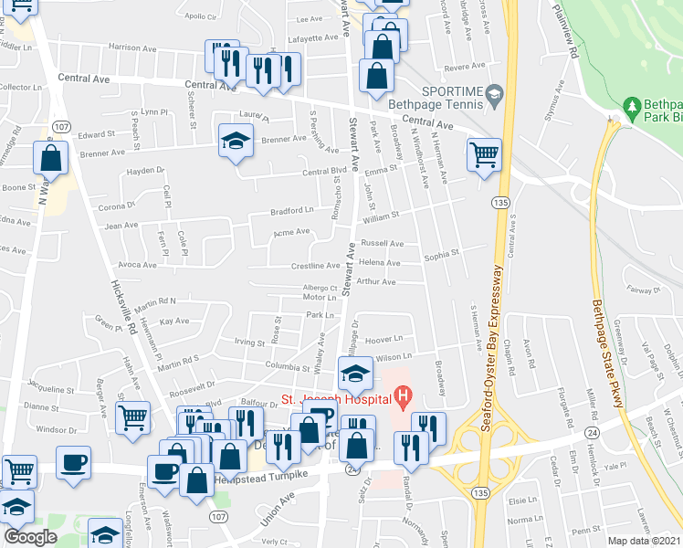 map of restaurants, bars, coffee shops, grocery stores, and more near 307 Stewart Avenue in Bethpage