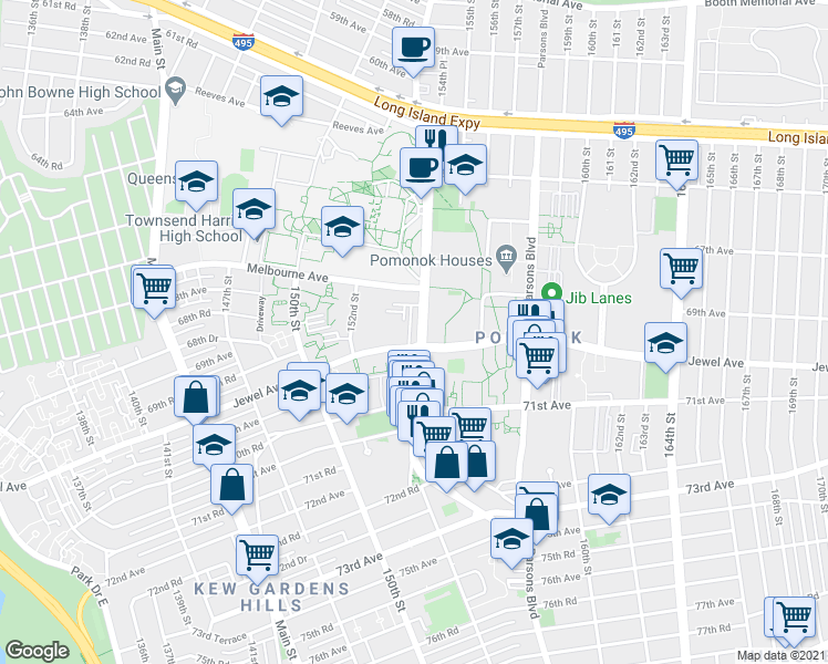 map of restaurants, bars, coffee shops, grocery stores, and more near 69-42 Kissena Boulevard in Queens