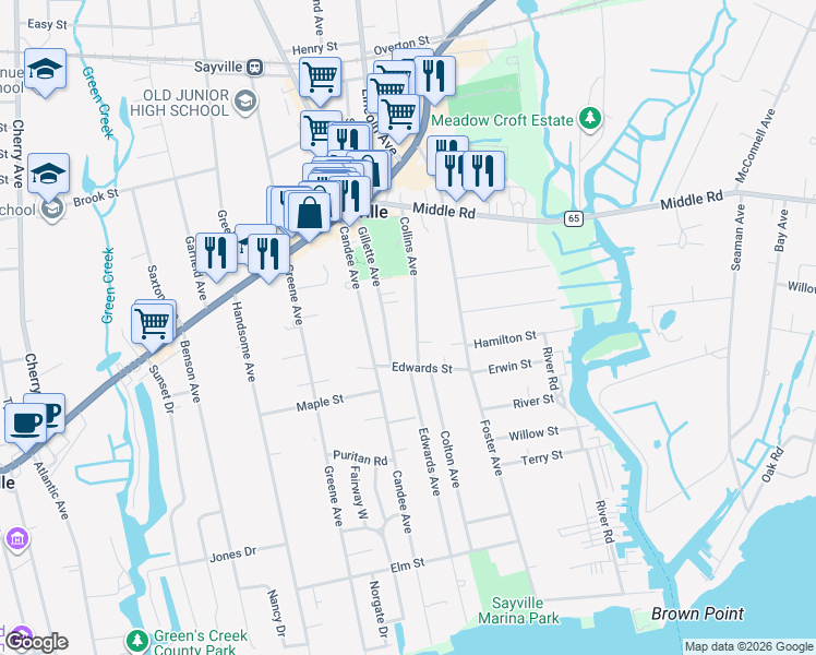 map of restaurants, bars, coffee shops, grocery stores, and more near 100 Collins Avenue in Sayville