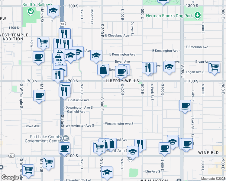 map of restaurants, bars, coffee shops, grocery stores, and more near 359 Wilson Avenue South in Salt Lake City