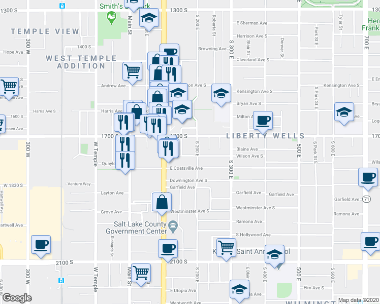 map of restaurants, bars, coffee shops, grocery stores, and more near 1741 Edison Street in South Salt Lake