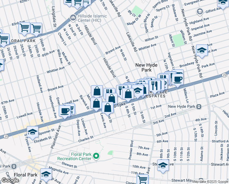 map of restaurants, bars, coffee shops, grocery stores, and more near 108 North 3rd Street in New Hyde Park