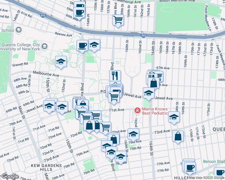 map of restaurants, bars, coffee shops, grocery stores, and more near in Queens