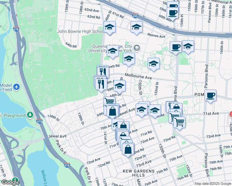 map of restaurants, bars, coffee shops, grocery stores, and more near 68-48 147th Street in Queens