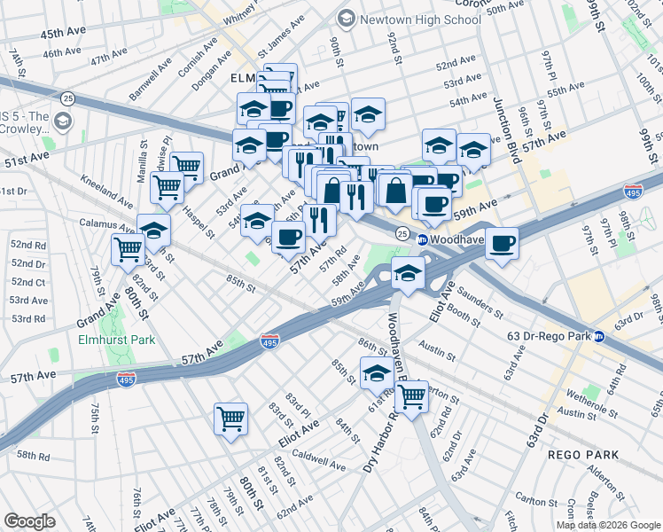 map of restaurants, bars, coffee shops, grocery stores, and more near 8629 57th Road in Queens