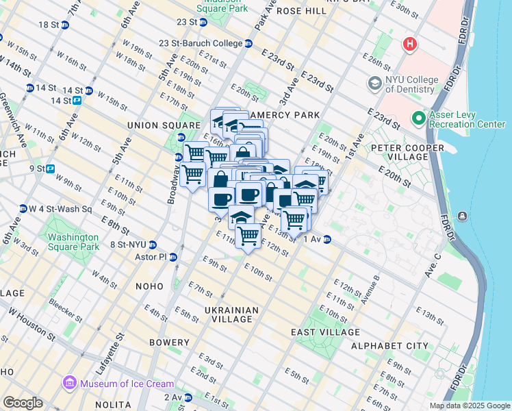 map of restaurants, bars, coffee shops, grocery stores, and more near 230 East 14th Street in New York
