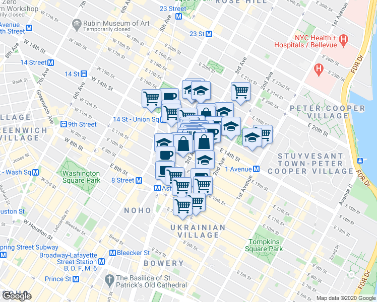 map of restaurants, bars, coffee shops, grocery stores, and more near in New York