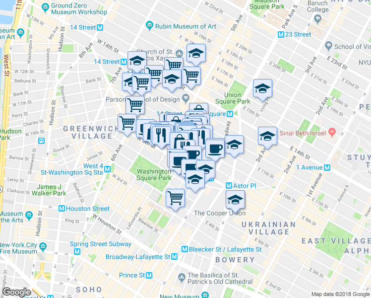 map of restaurants, bars, coffee shops, grocery stores, and more near in New York