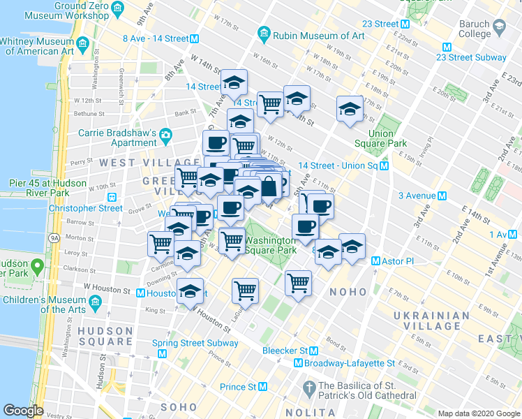 map of restaurants, bars, coffee shops, grocery stores, and more near 218 MacDougal Street in New York