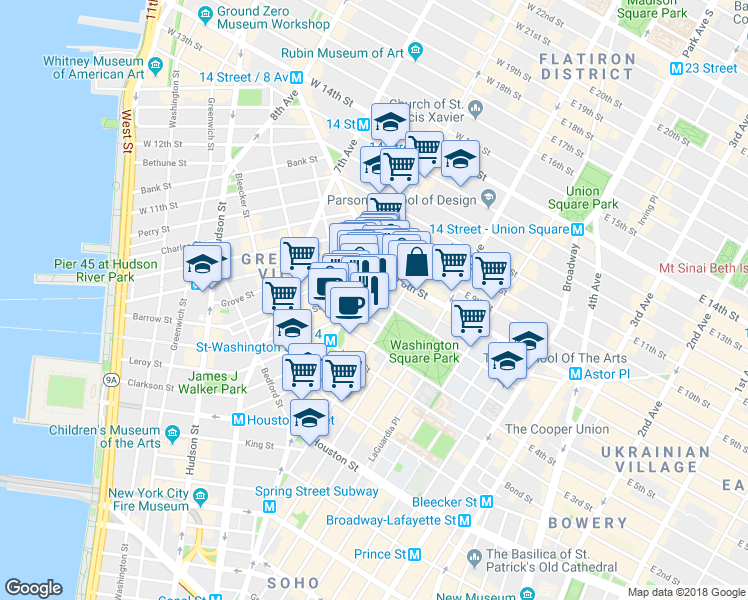 map of restaurants, bars, coffee shops, grocery stores, and more near 133 Waverly Place in New York