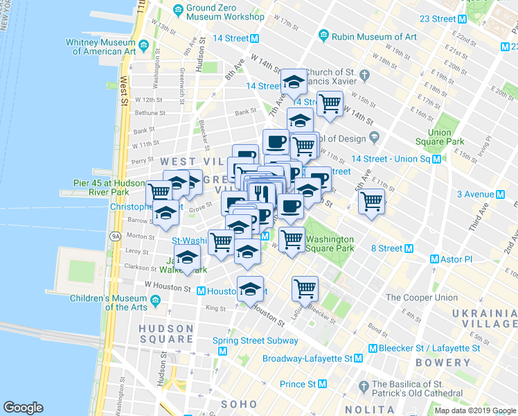 map of restaurants, bars, coffee shops, grocery stores, and more near in New York