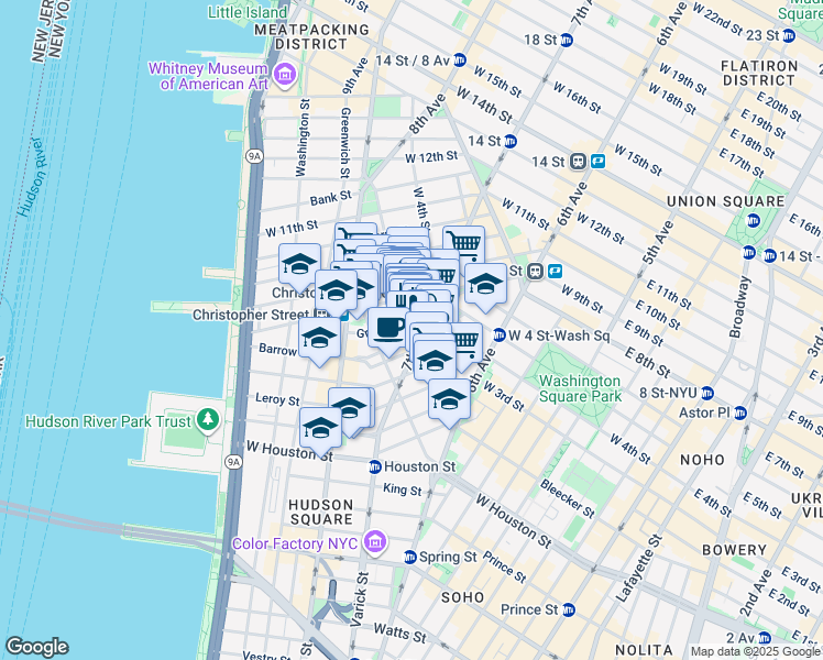 map of restaurants, bars, coffee shops, grocery stores, and more near 300 Bleecker Street in New York