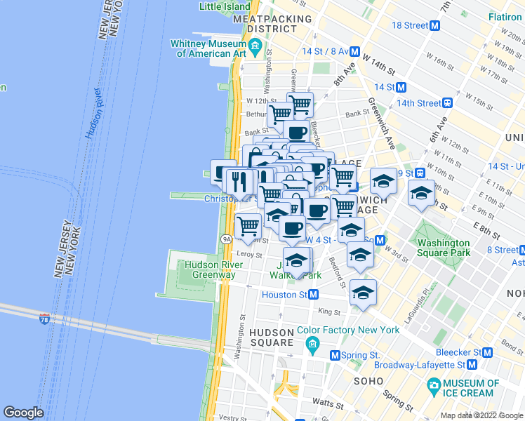 map of restaurants, bars, coffee shops, grocery stores, and more near in New York