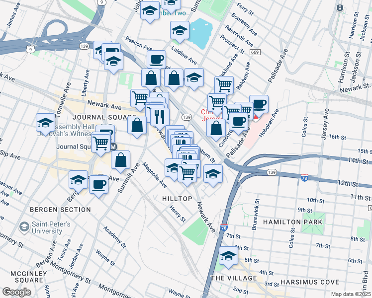 map of restaurants, bars, coffee shops, grocery stores, and more near 84 Court House Place in Jersey City