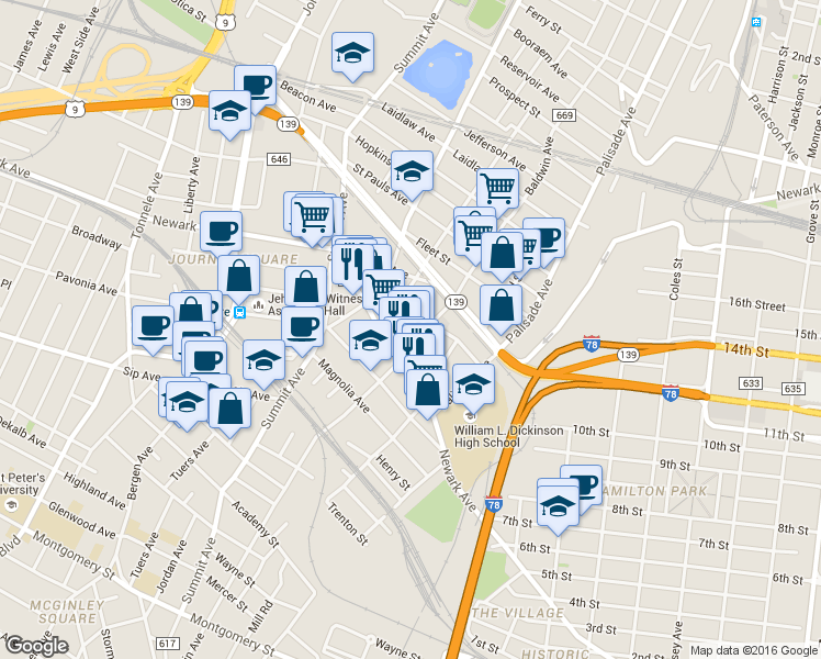 map of restaurants, bars, coffee shops, grocery stores, and more near 84 Court House Place in Jersey City