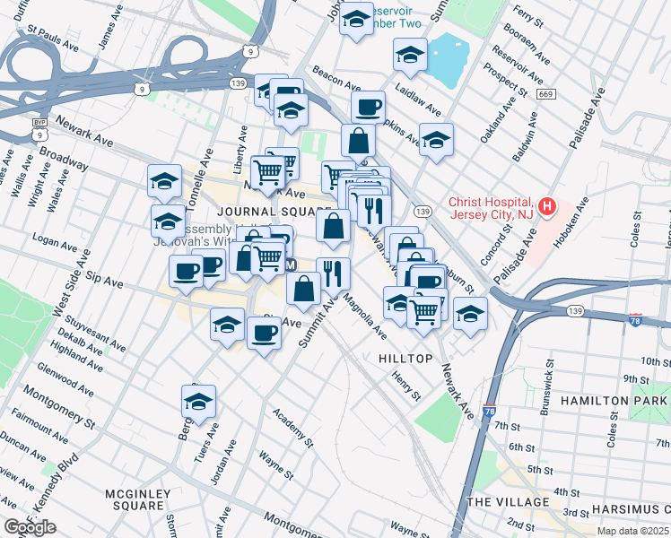 map of restaurants, bars, coffee shops, grocery stores, and more near in Jersey City