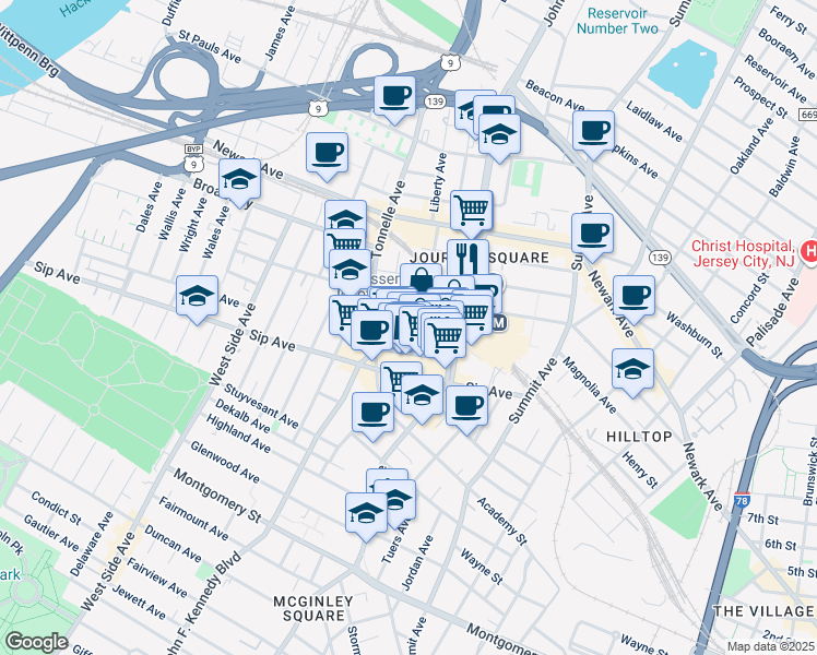 map of restaurants, bars, coffee shops, grocery stores, and more near 282 Magnolia Avenue in Jersey City