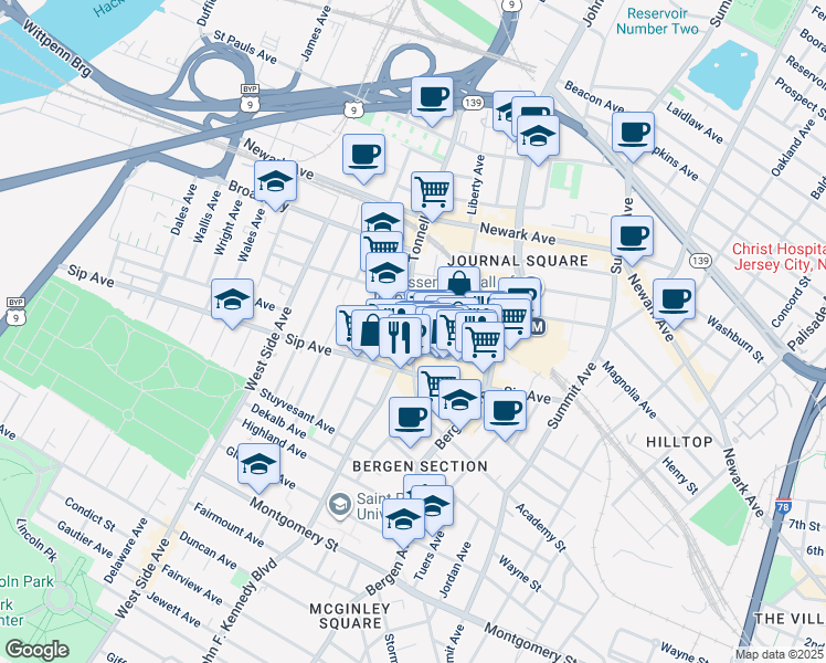 map of restaurants, bars, coffee shops, grocery stores, and more near 52 Tonnele Avenue in Jersey City