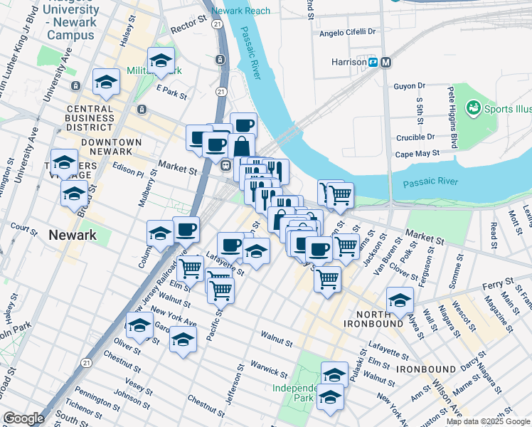 map of restaurants, bars, coffee shops, grocery stores, and more near in Newark