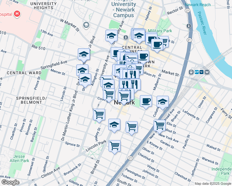 map of restaurants, bars, coffee shops, grocery stores, and more near 907-913 Broad Street in Newark