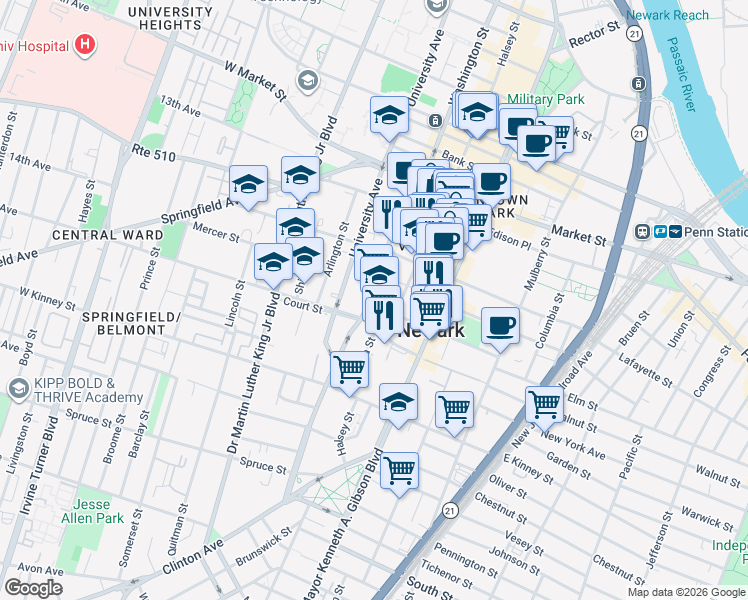 map of restaurants, bars, coffee shops, grocery stores, and more near 41 Hill Street in Newark
