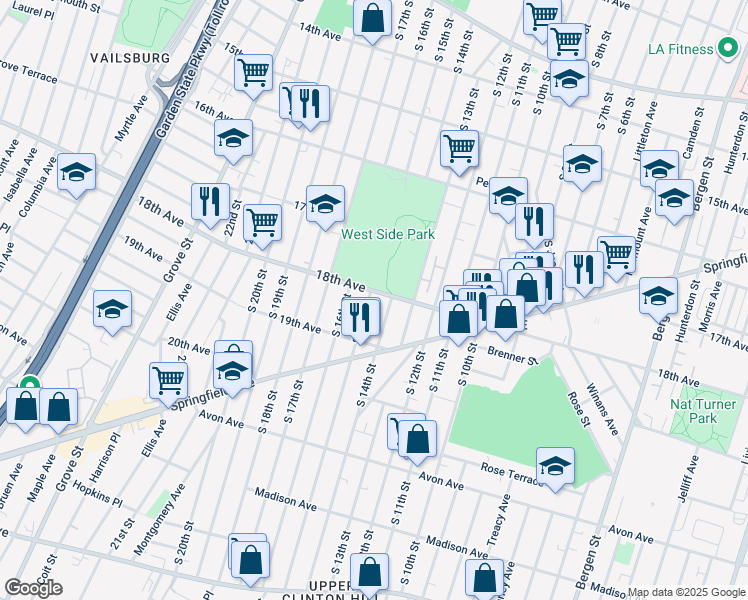 map of restaurants, bars, coffee shops, grocery stores, and more near 547 18th Avenue in Newark