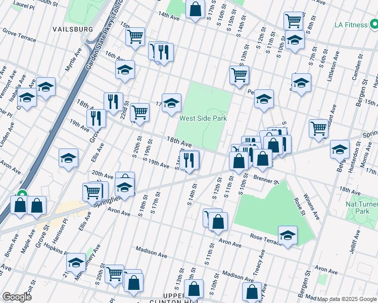 map of restaurants, bars, coffee shops, grocery stores, and more near 667 South 16th Street in Newark