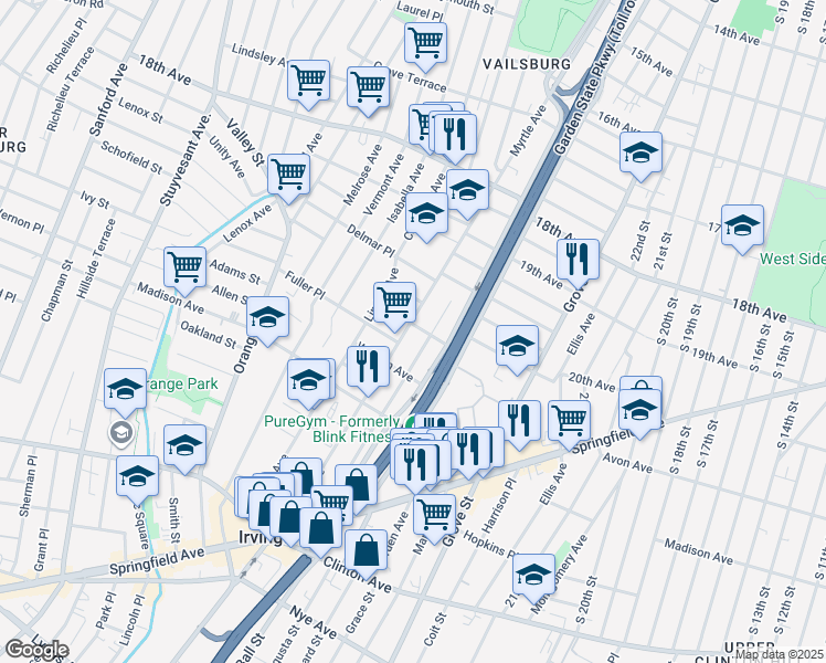 map of restaurants, bars, coffee shops, grocery stores, and more near 206 Myrtle Avenue in Irvington