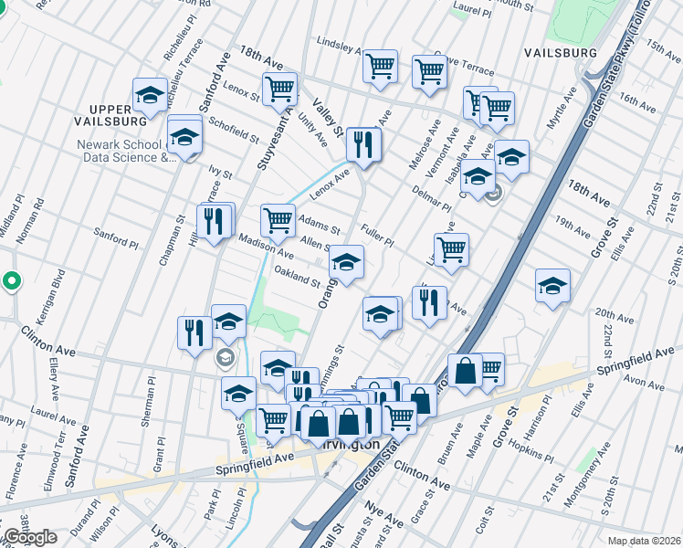 map of restaurants, bars, coffee shops, grocery stores, and more near 192 Orange Avenue in Irvington
