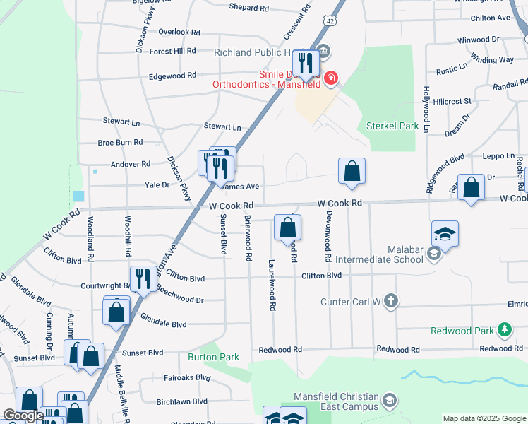 map of restaurants, bars, coffee shops, grocery stores, and more near 389 Briarwood Road in Mansfield