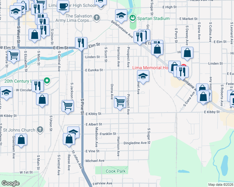map of restaurants, bars, coffee shops, grocery stores, and more near 606 Harrison Ave in Lima