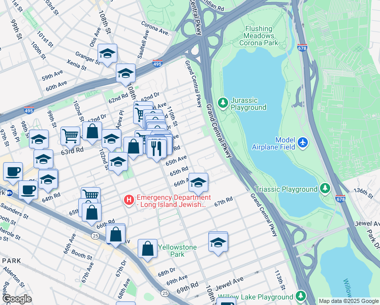 map of restaurants, bars, coffee shops, grocery stores, and more near 64-45 110th Street in Queens