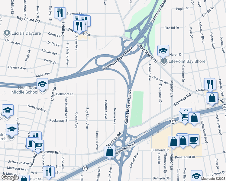 map of restaurants, bars, coffee shops, grocery stores, and more near 274 Norma Avenue in West Islip
