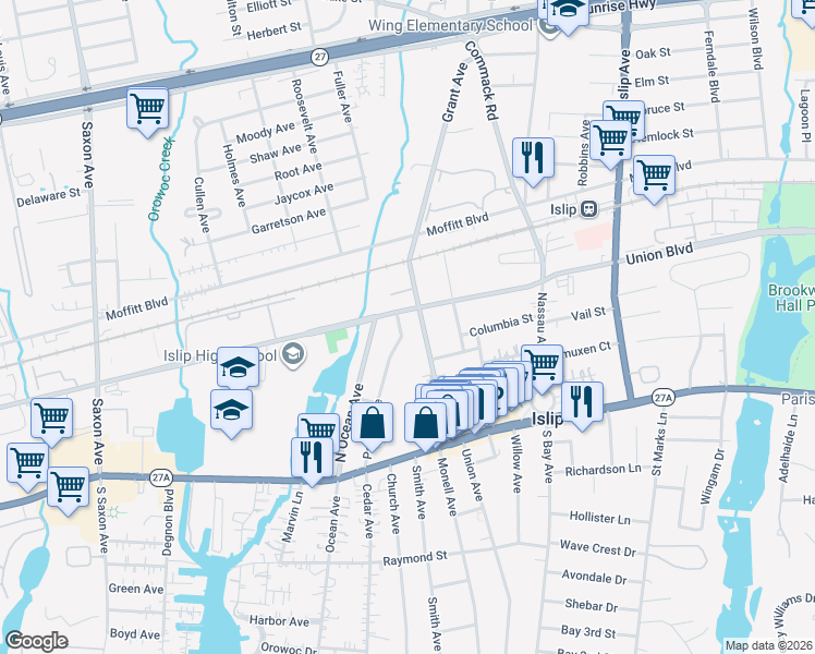 map of restaurants, bars, coffee shops, grocery stores, and more near 90 Pardee Avenue in Islip