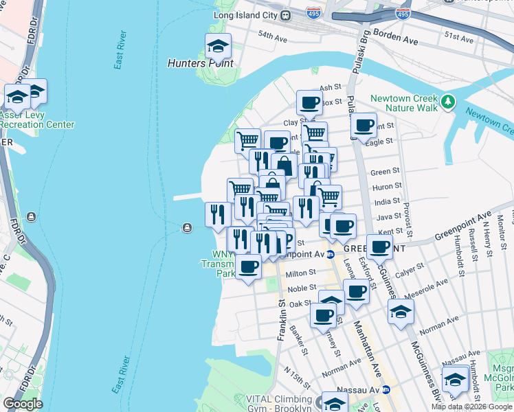 map of restaurants, bars, coffee shops, grocery stores, and more near 72 Huron Street in Brooklyn