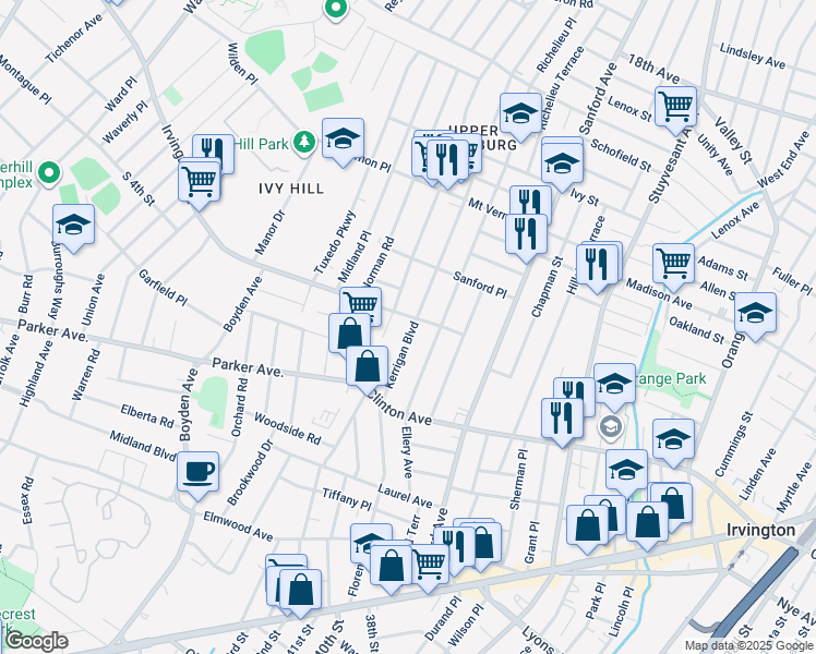 map of restaurants, bars, coffee shops, grocery stores, and more near 225 Kerrigan Boulevard in Newark