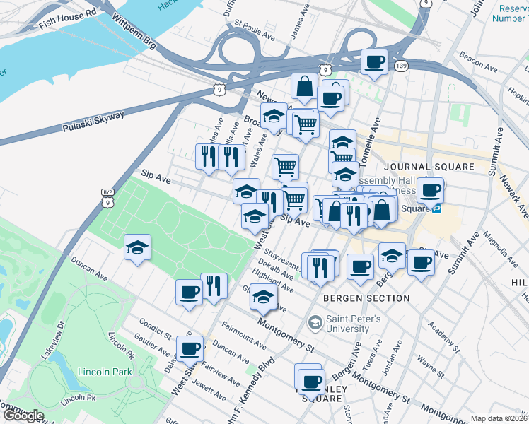 map of restaurants, bars, coffee shops, grocery stores, and more near 271 Sip Avenue in Jersey City