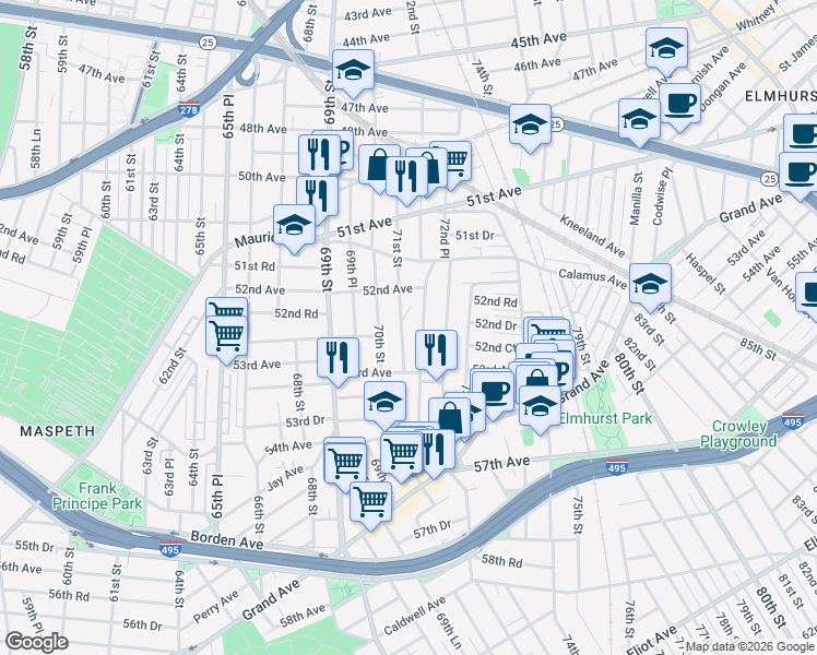map of restaurants, bars, coffee shops, grocery stores, and more near 52-39 71st Street in Queens