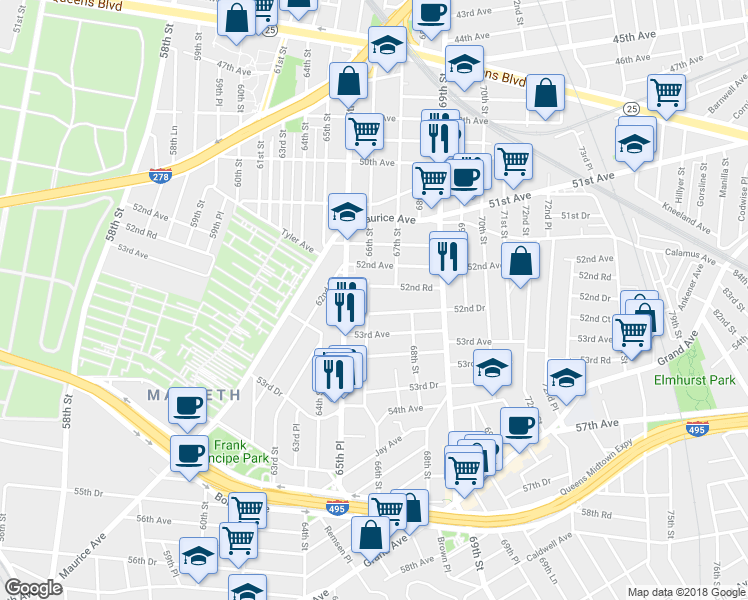 map of restaurants, bars, coffee shops, grocery stores, and more near 52-39 66th Street in Queens