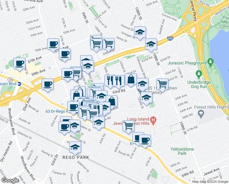 map of restaurants, bars, coffee shops, grocery stores, and more near 99-60 63rd Road in Queens