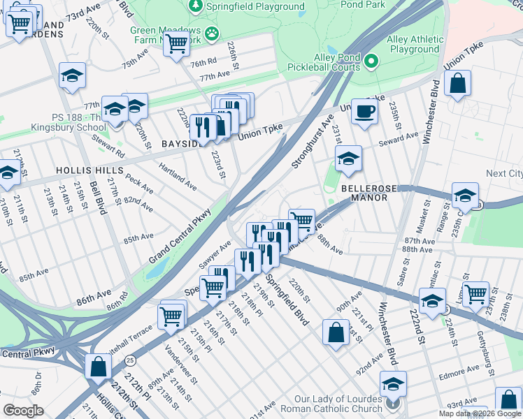 map of restaurants, bars, coffee shops, grocery stores, and more near 221-79 Manor Road in Queens