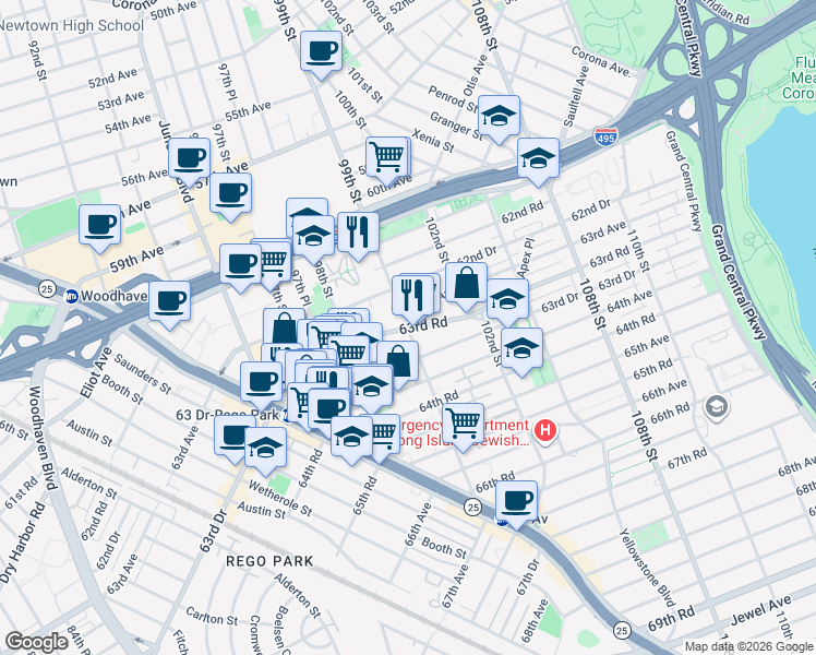map of restaurants, bars, coffee shops, grocery stores, and more near 63rd Rd & 99th St in Queens