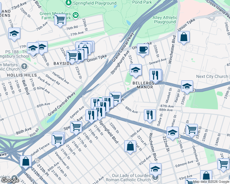 map of restaurants, bars, coffee shops, grocery stores, and more near 226-17 Hillside Avenue in Queens